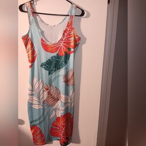 Tropical Leaf Print Tank Dress in Aqua and Coral